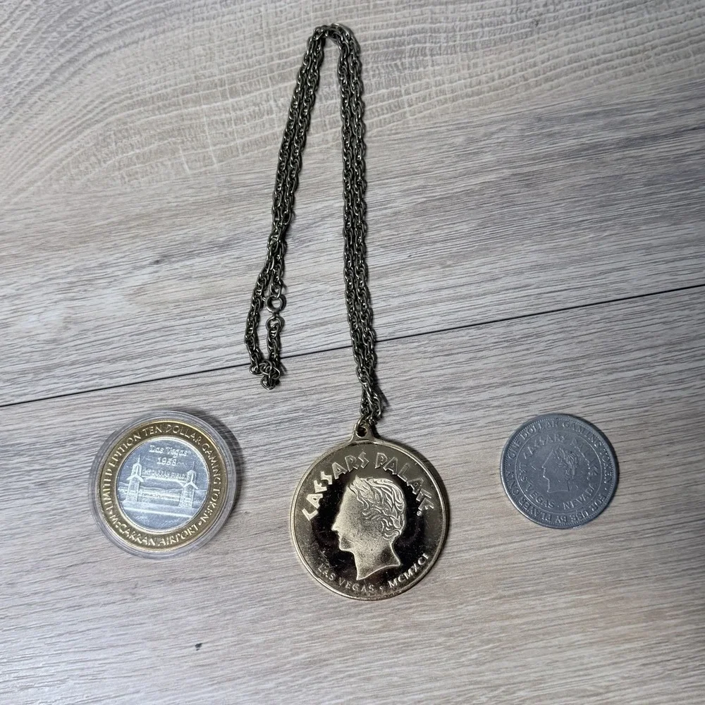 Las Vegas Casino Token Lot McCarran Airport Silver Gaming Coin Necklace Set